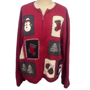 Patchwork Red Ugly Christmas Sweater Cardigan XL Snowman Mittens Tree Grannycore